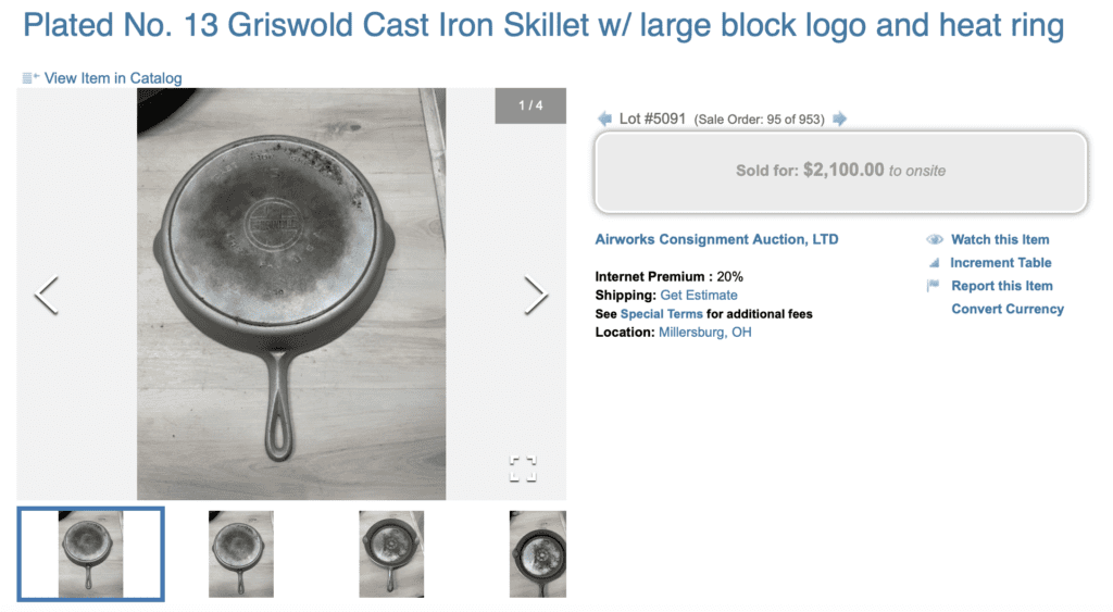 Vintage Griswold plated cast iron number 13 skillet with large block logo EPU, heat ring, pattern number 720. Sold for $2,100